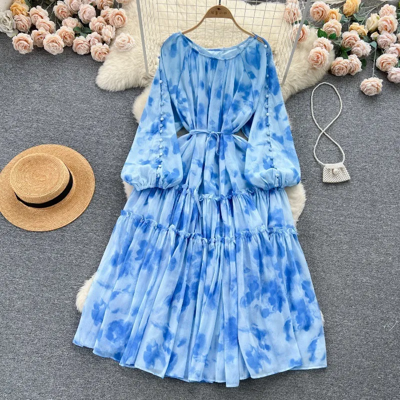 X732 femmes taille haute  fleuri en mousseline de soie robe à manches longues décontracté vacances Style taille unique
